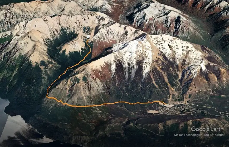 imagen de google earth con el trekking tradicional al refugio Frey