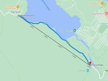 mapa que muestra el trayecto caminando desde colonia suiza hasta tambo báez, donde empieza el sendero a Jakob