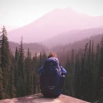una persona sentada de espaldas con una mochila mirando un paisaje de pinos y montañas al fondo